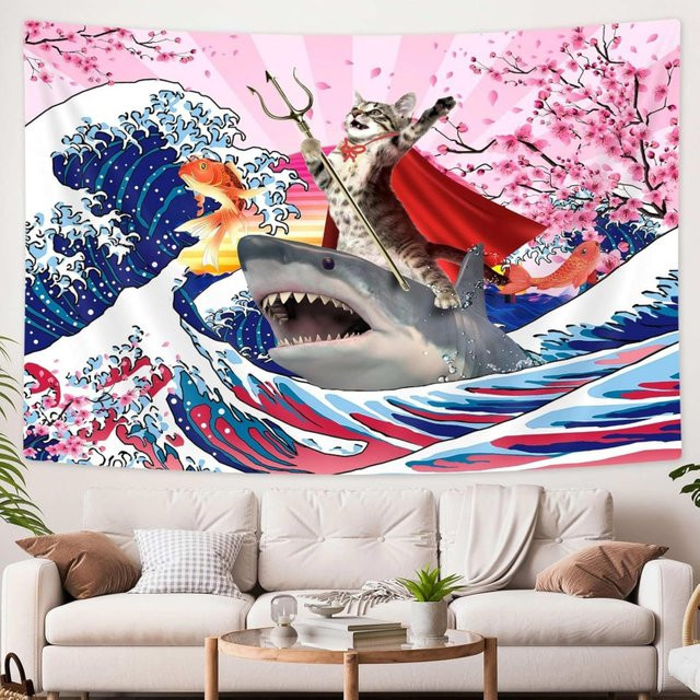 VIKAMA Wandteppich Die große Welle vor Kanagawa mit Katze auf Hai, Ukiyo-e Wandbehang, Mehrfarbig, Breite: 60 cm, Höhe: 40 cm - Bild 1