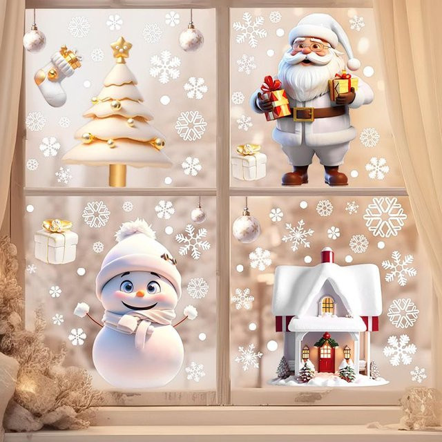 xianyi01 Weihnachts Fenster Aufkleber aus PVC mit Schneemann, Weihnachtsmann, Schneeflocken und Weihnachtsbäumen zur Dekoration - Bild 1