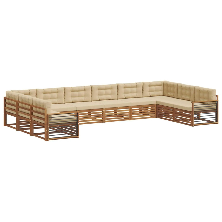 vidaXL Sofagarnitur aus Massivholz Akazie in Natur und Beige, 10-teiliges Set mit Sitzkissen und Rückenkissen im modernen Latten-Design - Bild 2