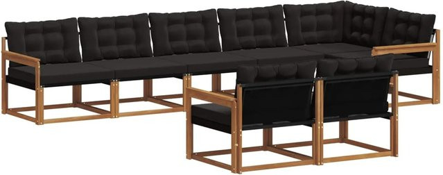 vidaXL Outdoor-Sofagarnitur 8-teilig aus Akazienholz und Textilene in Braun und Schwarz mit Kissen und Armlehnen im L-Shape Design - Bild 1