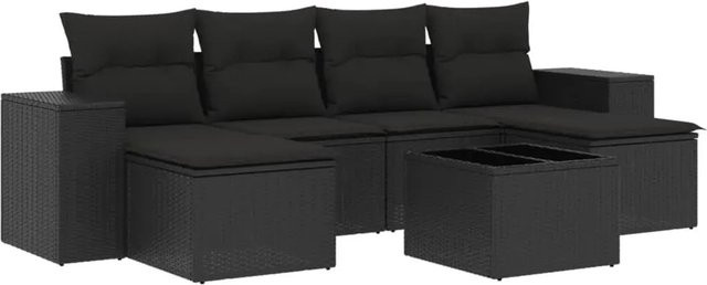 vidaXL 7-teilige Garten-Sofagarnitur aus Poly-Rattan mit Kissen in Schwarz - Bild 1