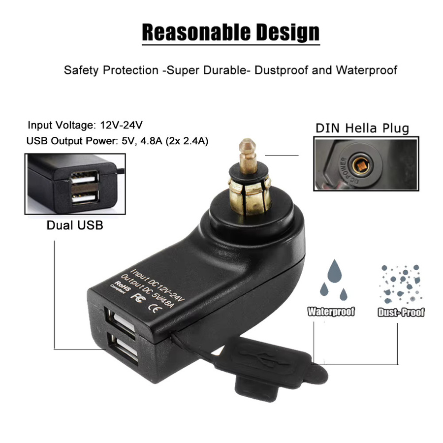 Vansong Dual USB Ladegerät mit LED mit Hella DIN Buchse und USB-A sowie USB-C Adapter in Schwarz für BMW R1250GS ADV R1300GS R1200 GSA LC und Honda NC750X S1000XR F800R - Bild 2