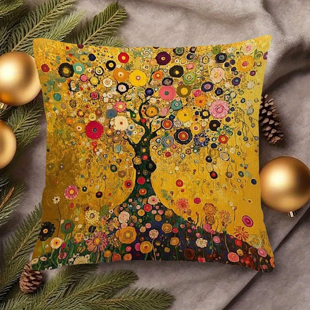 Klimt Baum des Lebens Kissenbezug in Gold mit floralem Art Nouveau Design, quadratisch, 45 x 45 cm - Bild 1