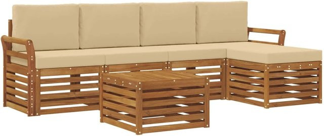 vidaXL Sofagarnitur 6-teilig aus Massivholz Akazie in Natur und Beige mit Polsterung und Armlehnen - Bild 1