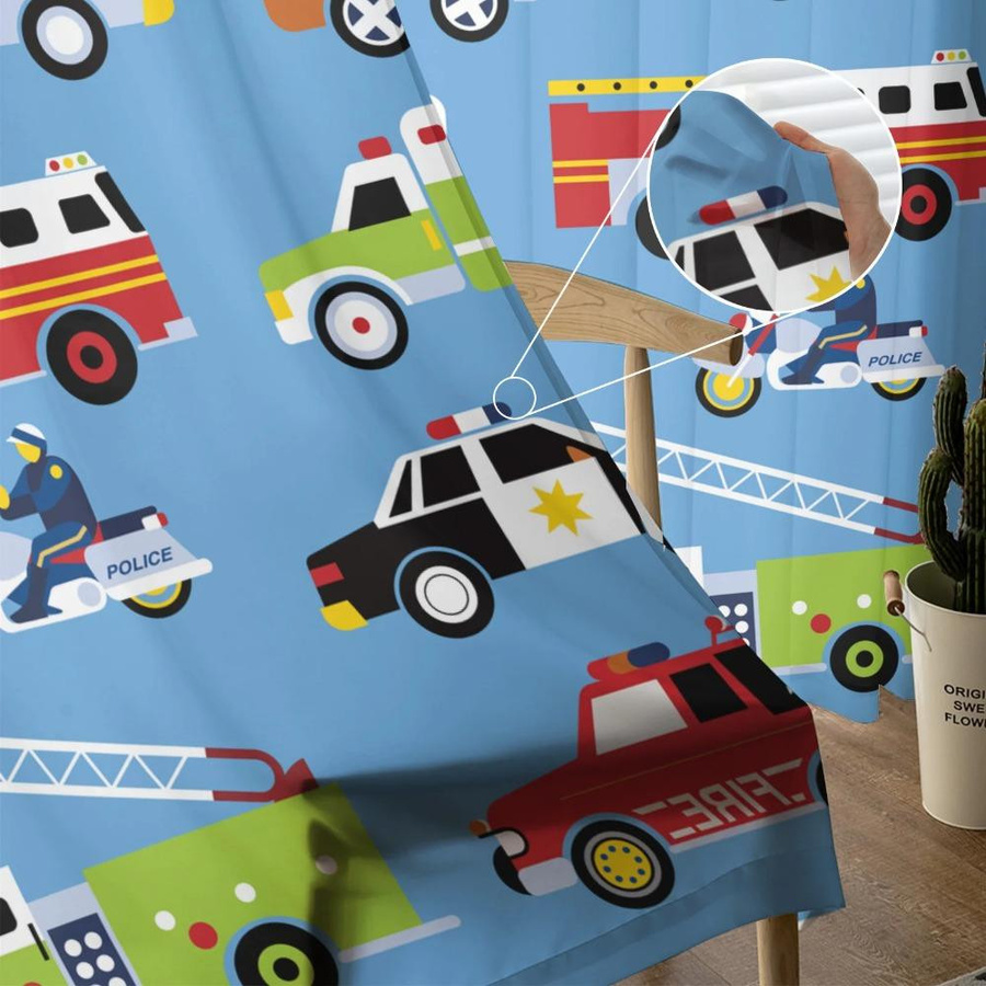 Yiran Furniture Transparente Chiffon Vorhänge mit Cartoon Feuerwehr, Krankenwagen und Polizeiauto für Kinderzimmer, B: 135 cm, H: 115 cm - Bild 1