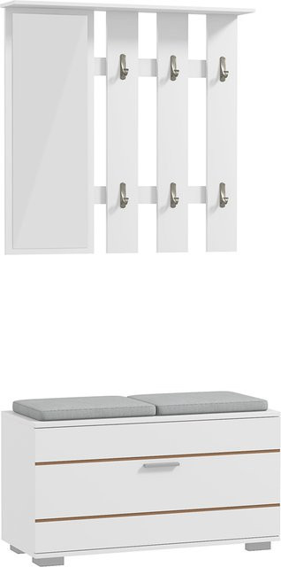 HOMCOM 4 in 1 Flurmöbel-Set mit Garderobe, Spiegel, Sitzbank und Schuhschrank für 8 Paar Schuhe, Weiß - Bild 1