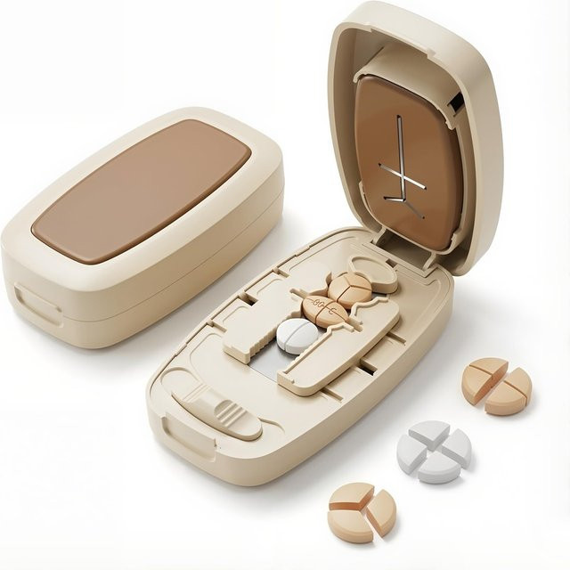 Untior Tragbarer multifunktionaler Pillenschneider mit Edelstahlklingen zum Schneiden, Mahlen und Aufbewahren in Beige - Bild 1