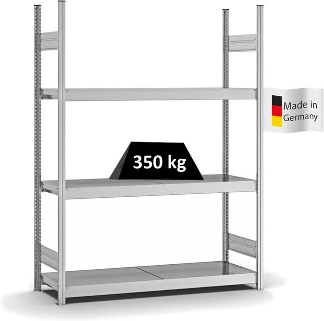 PROREGAL Weitspannregal Stecksystem T-Profil mit 3 Ebenen Stahlplatten, verzinkt, Farbe: Silber, H x B x T: 200 x 150 x 40 cm - Bild 1