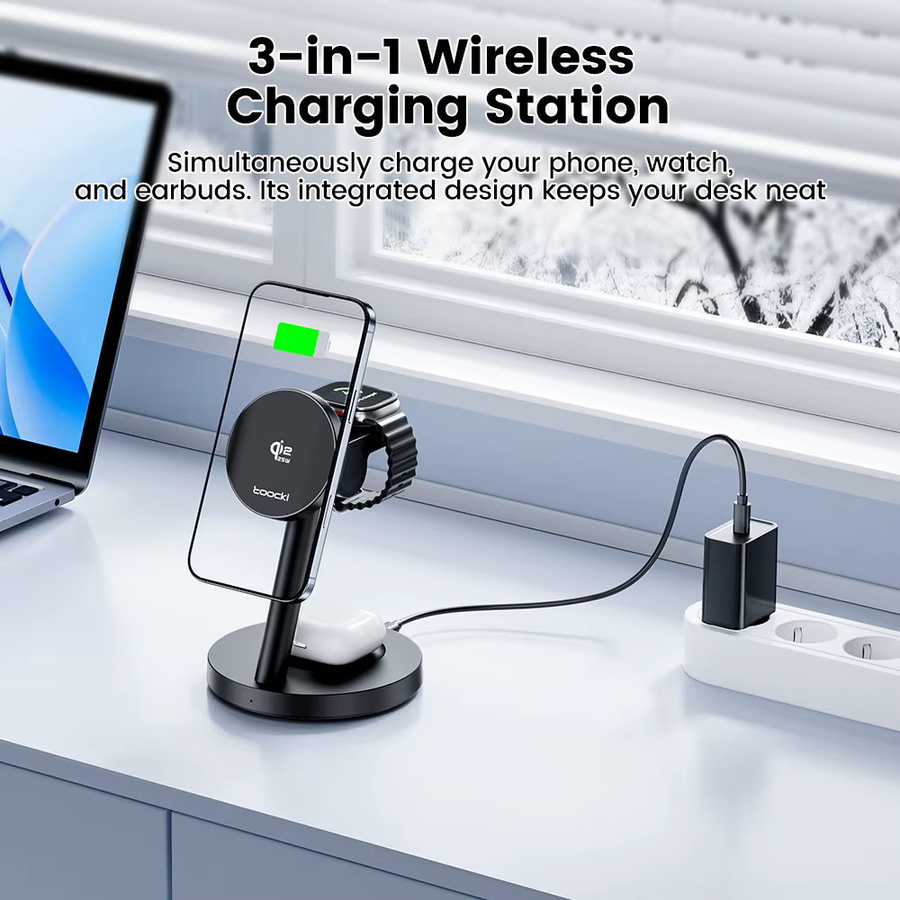 Toocki 3-in-1 Magnetisches Kabelloses Ladegerät 25W Qi2.2 Schnellladestation für iPhone, Apple Watch und Ohrhörer in Schwarz - Bild 2