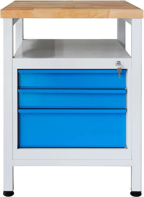 PROREGAL Werkbank Slim Rhino mit Ablagefläche und 3 Schubladen, Stahlrohr und Buche, H x B x T: 84 x 60 x 60 cm, Lichtgrau und Lichtblau - Bild 1