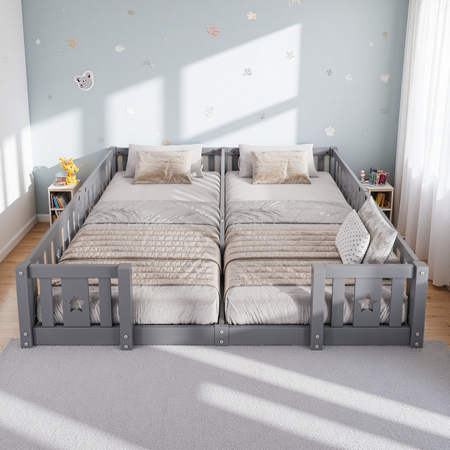 Rosahqnda Massives Bodenbett aus Holz für Kinder mit Lattenrost und Sternmuster in Weiß/Grau, B/T/H: 180 x 200 cm - Bild 1