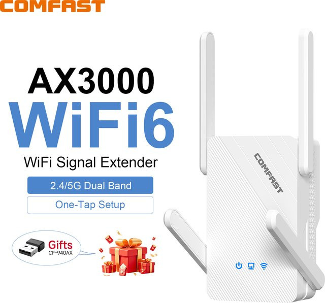 COMFAST WiFi 6 WLAN Repeater Dualband 2.4G/5.8G mit 4 Antennen in Weiß - Bild 1