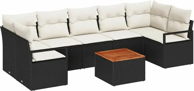 vidaXL Garten-Sofa-Set 8-tlg. aus Poly-Rattan mit Kissen in Schwarz und Beige, L-Form mit Eckelement, 3-Sitzer-Sofa und Couchtisch aus Metall für Terrasse und Garten - Bild 1