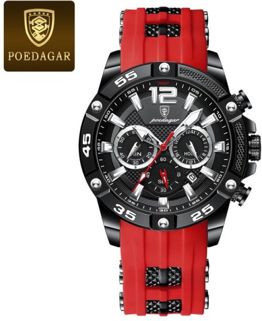 POEDAGAR Armbanduhr Chronograph, Quarz, Silikon, Schwarz, Herren - Bild 1