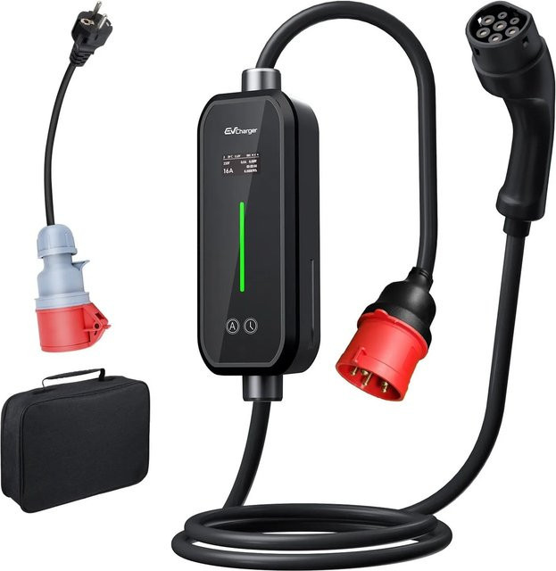 Junsun Tragbare EV Ladestation Typ 2 mit 11kW, 3-Phasig 16A, Smart Life App Steuerung, 1.3 Zoll LCD Display und 6M CEE Stecker - Bild 1