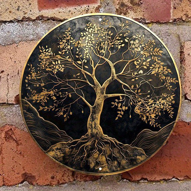 Potdemiel Aluminiumschild Baum des Lebens runde Wanddekoration, Farbe: Gold und Schwarz, Durchmesser: 20,32 cm - Bild 1