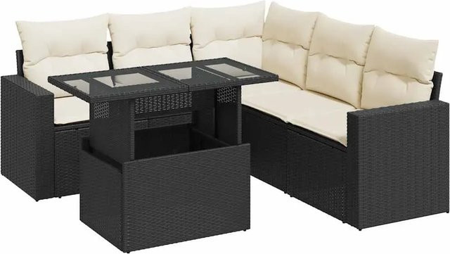 vidaXL 6-teilige Garten-Sofagarnitur in L-Form aus schwarzem Poly-Rattan mit Kissen und pulverbeschichtetem Stahlgestell - Bild 1