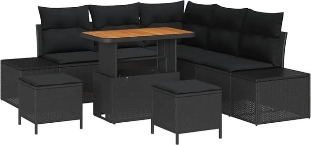 vidaXL Garten-Sofa-Set aus Poly-Rattan in Schwarz, 8-teiliges L-Shape Lounge-Set mit Kissen und Tisch - Bild 1