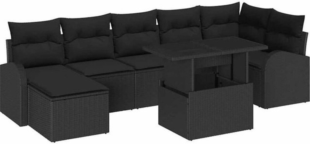 vidaXL Gartensofa-Set aus Poly-Rattan in Schwarz mit 8-teiligen Polstern, Hockern und Armlehnen, modular aufgebaut mit Stauraum - Bild 1