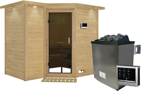 Karibu Sauna Riga 2 aus Fichtenholz in Beige mit 9 kW Saunaofen und externer Steuerung für 4 Personen, B/T/H: 264 x 198 x 212 cm - Bild 1