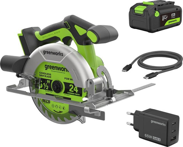 Greenworks Akku-Kreissäge-Set CR3165A4 in Schwarz-Grün mit 165 mm Sägeblatt und 24 V Akku - Bild 1