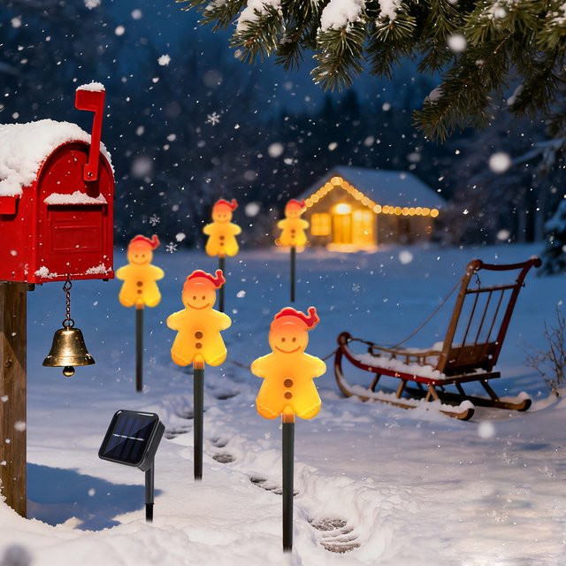 Peach Forest 5er Set Solar Lebkuchenmann Gartenstecker mit 8 Modi, Wasserdichte Solar-Gartenleuchten in Mehrfarbig für Weihnachtsdekoration im Haus und Hof - Bild 1