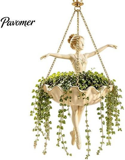Wandhängende Blumenvase Aunel in Beige mit Fee und Meerjungfrau als dekoratives Pflanzgefäß aus Harz und Metallkette für Innen und Außen - Bild 1