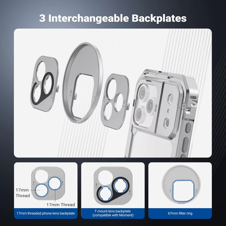 NEEWER Phone Cage Kit für iPhone 17 Pro und iPhone 17 Pro Max in Silber mit 67mm Filterring und 17mm Objektiv-Rückplatte - Bild 4