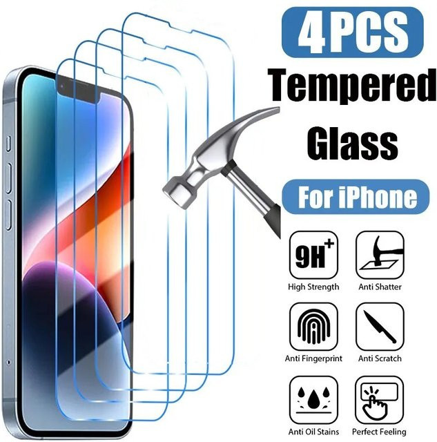 4er Pack Gehärtete Displayschutzfolien aus Glas für Apple iPhone 12, 13, 14, 15, Pro, Max, Plus, SE, X, XS, XR in Transparent - Bild 1