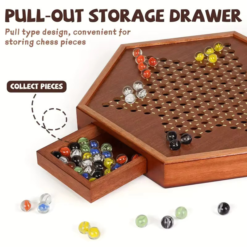 Yernea Schachbrett aus Holz, Brettspiel, 72 Glasmurmeln - Bild 6