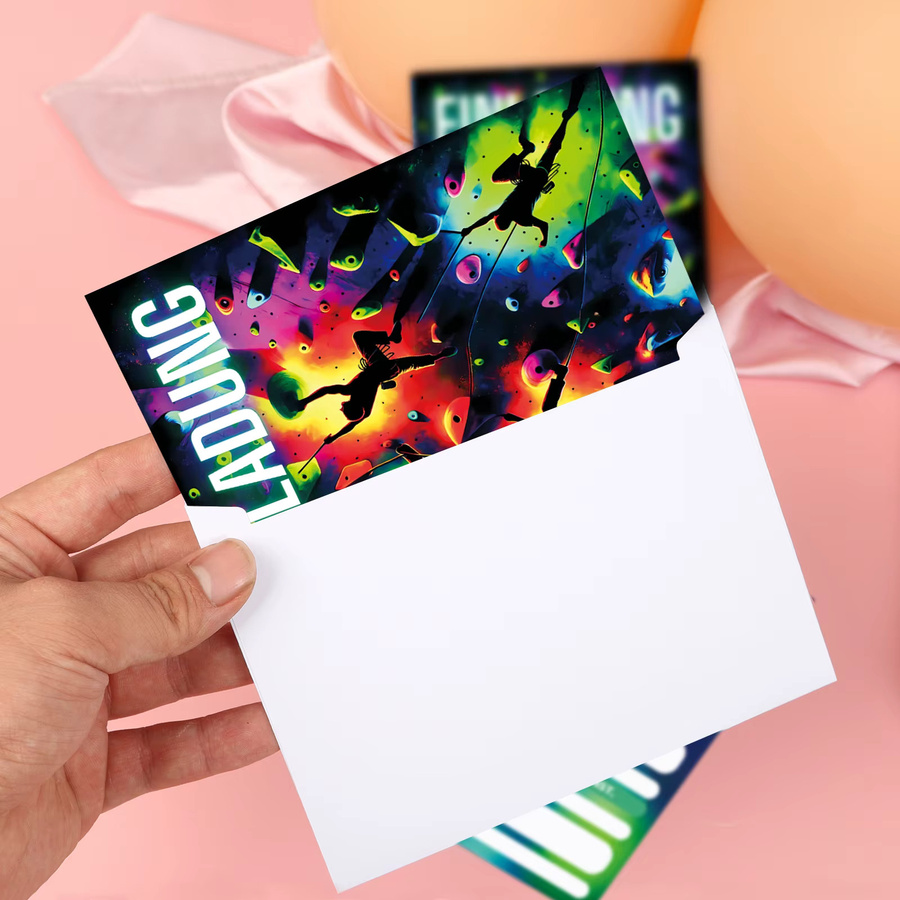 12 Stück Kletterparty-Einladungskarten mit Cartoon-Kletterer- und Neondesign in Multicolor aus Papier mit personalisierbarem deutschen Text - Bild 2