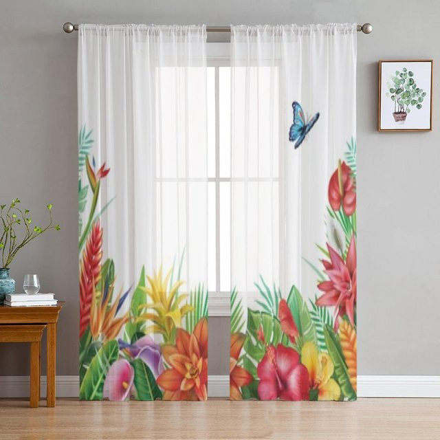 A Family Of Home Textiles Chiffon Gardine mit tropischem Blumenmuster in Weiß, B: 135 cm, H: 114 cm - Bild 1