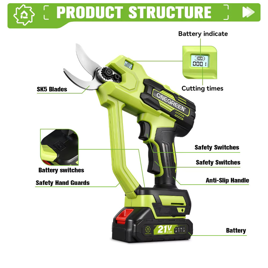 ONEGREEN 1000W Bürstenlose Elektrische Astschere für Makita 18V Akku, Kabellose Gartenschere in Grün - Bild 3