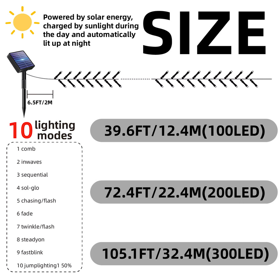 LEDOOR Solar LED-Lichterkette für den Außenbereich in Warmweiß mit dunkelgrünem Draht und 12 Modi - Bild 2