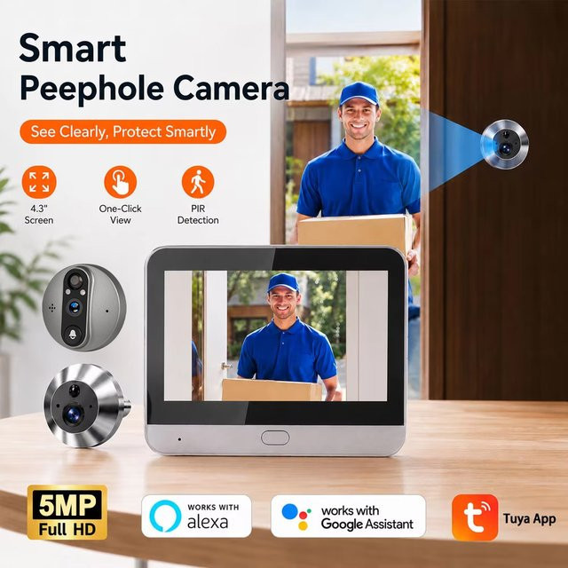 Tuya Smart Digitaler WLAN Türspion mit 5MP Kamera, 140 Grad Weitwinkel, PIR-Erkennung und 4,3 Zoll Monitor, kompatibel mit Alexa und Google Home - Bild 1