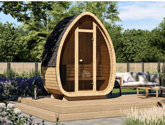 Fjordholz Fass-Sauna Modell Luxe-1 Plus aus Blockbohlen in Braun mit Thermoholz und Espenholz - Bild 1