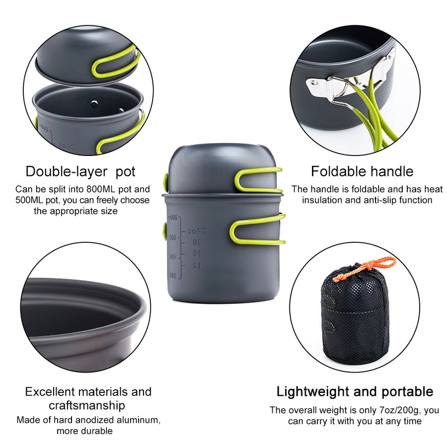 Widesea Ultraleichtes Camping-Kochgeschirr-Set für 1-2 Personen aus harteloxiertem Aluminium in Grau mit Doppeltopf, Klappgriff und Netzbeutel - Bild 3