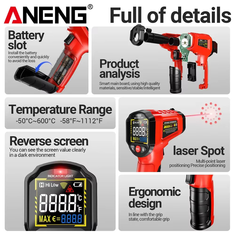 ANENG TH203 Infrarot-Thermometer Digitales Temperaturmessgerät als berührungsloses Pyrometer in Rot - Bild 5