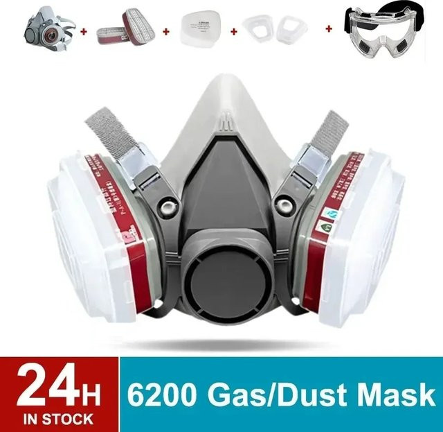 3M Atemschutzmaske 6200 Halbmaske in Weiß mit Schutzbrille und Baumwollfilter für Arbeitssicherheit beim Malen, Sprühen und Polieren - Bild 1