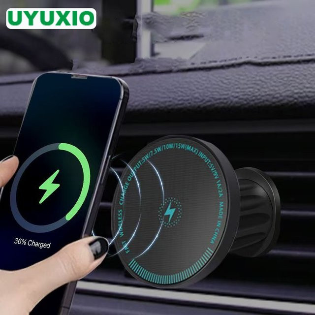 UYUXIO Magnetisches kabelloses Autoladegerät in Schwarz mit 15 W Schnellladung als Handyhalterung für iPhone 15 16 14 13 12 - Bild 1
