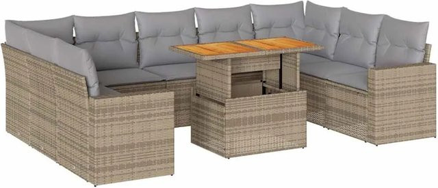 vidaXL 10-tlg. Garten-Sofagarnitur in L-Form aus Polyrattan und Akazienholz mit Kissen in Beige und Grau - Bild 1