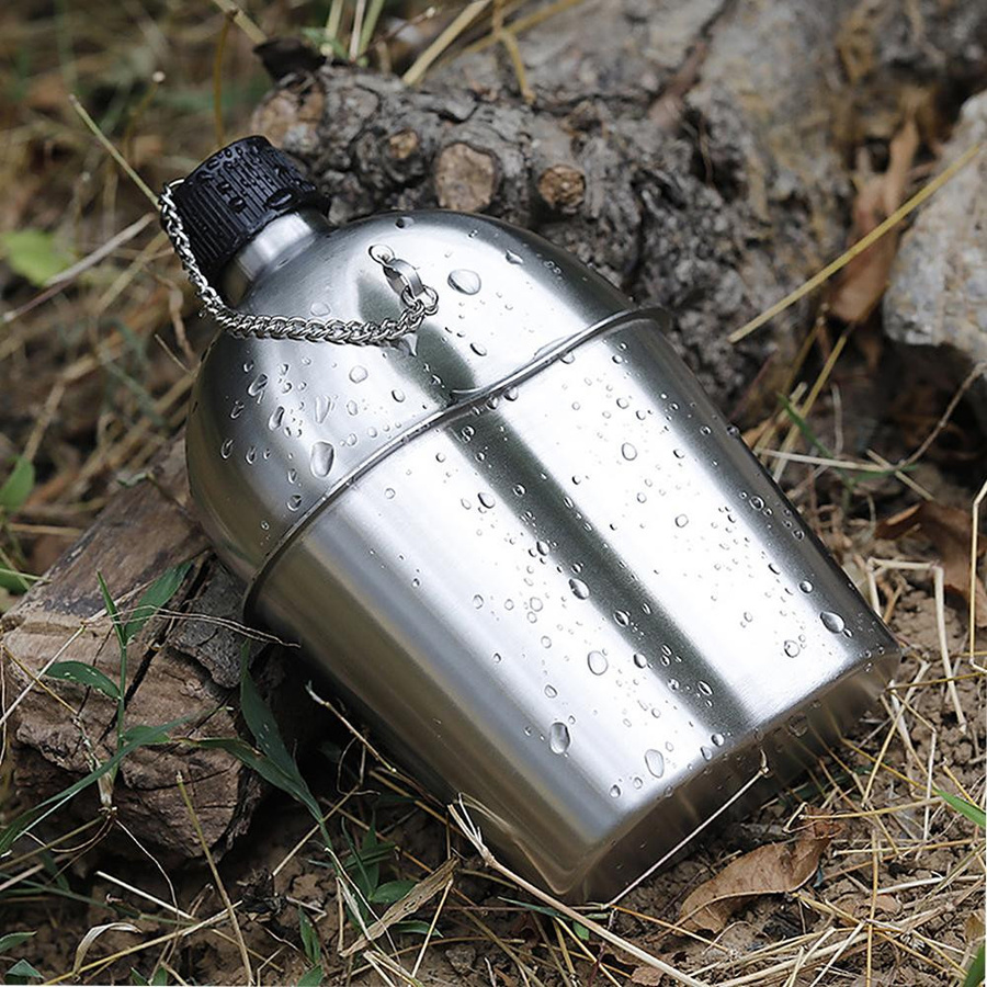 Edelstahl Militär Kantine Tassen Set mit Abdeckungstasche für Outdoor Camping und Wandern, 2 Stück, Silber und Grün, 1000 ml und 600 ml - Bild 2