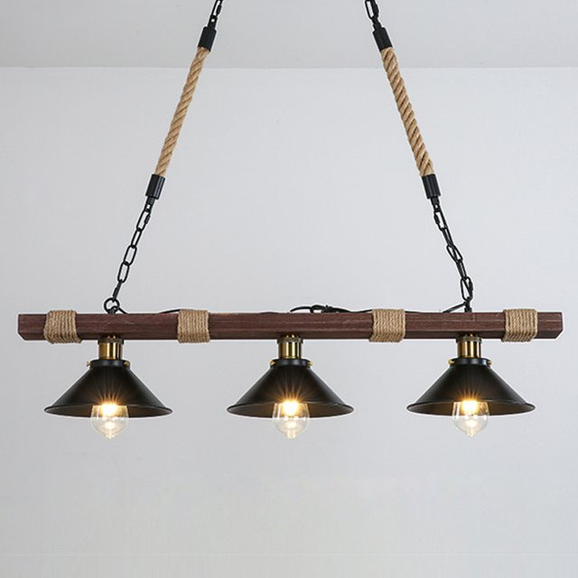 Vecli Retro Kronleuchter aus Massivholz und Hanfseil im Industrial Design, 3-flammige Pendelleuchte in Schwarz für Küche, Esszimmer oder Café - Bild 1