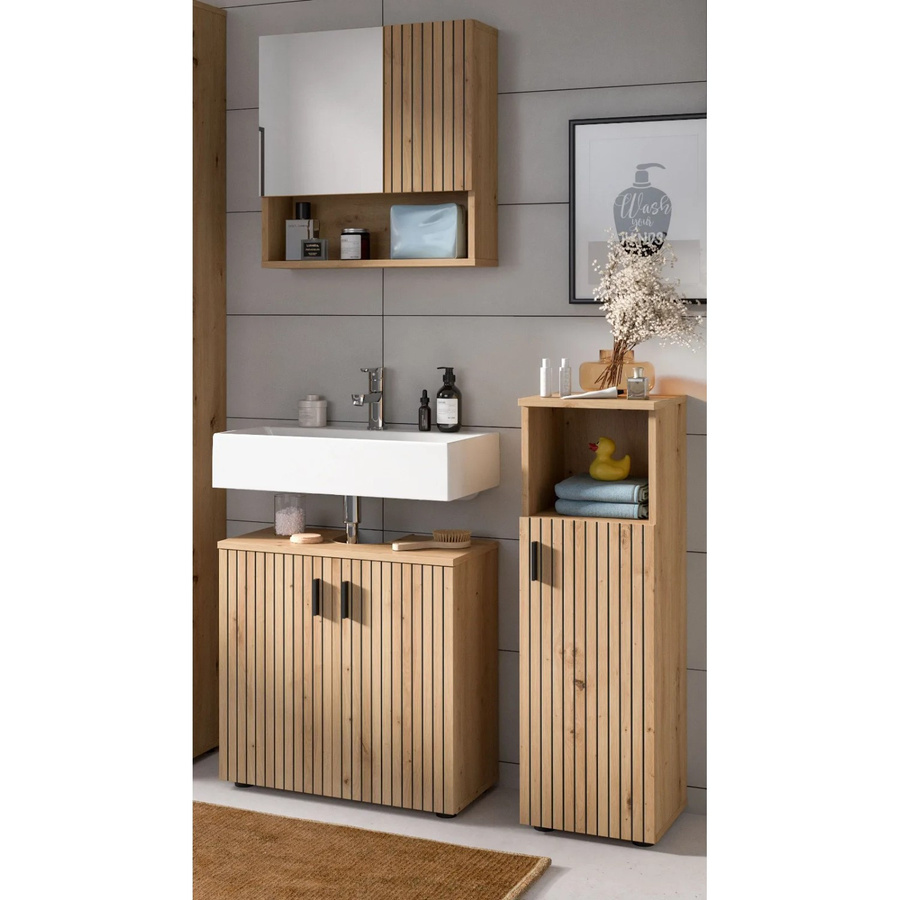 Inn.Furn Badmöbel Set Livia in Eiche, 3-teilig bestehend aus Spiegelschrank, Waschbeckenunterschrank und Kommode, Farbe Braun, Breite: 105 cm - Bild 2