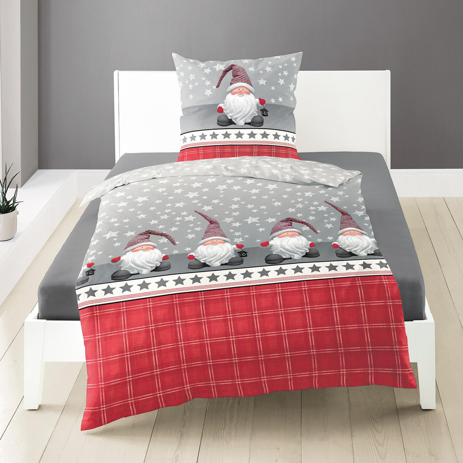 Bierbaum Biber Bettwäsche Wichtel Karo Sterne Grau Rot aus Baumwolle Flanell B/H: 135 x 200 cm mit Kissenbezug 80 x 80 cm - Bild 1