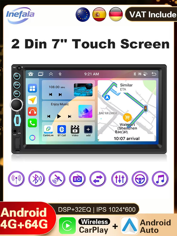 Podofo Android 15 Autoradio 2 Din mit 7 Zoll Touchscreen, 4+64GB, WLAN, GPS, Bluetooth, kabelloses CarPlay und Android Auto, Schwarz - Bild 5