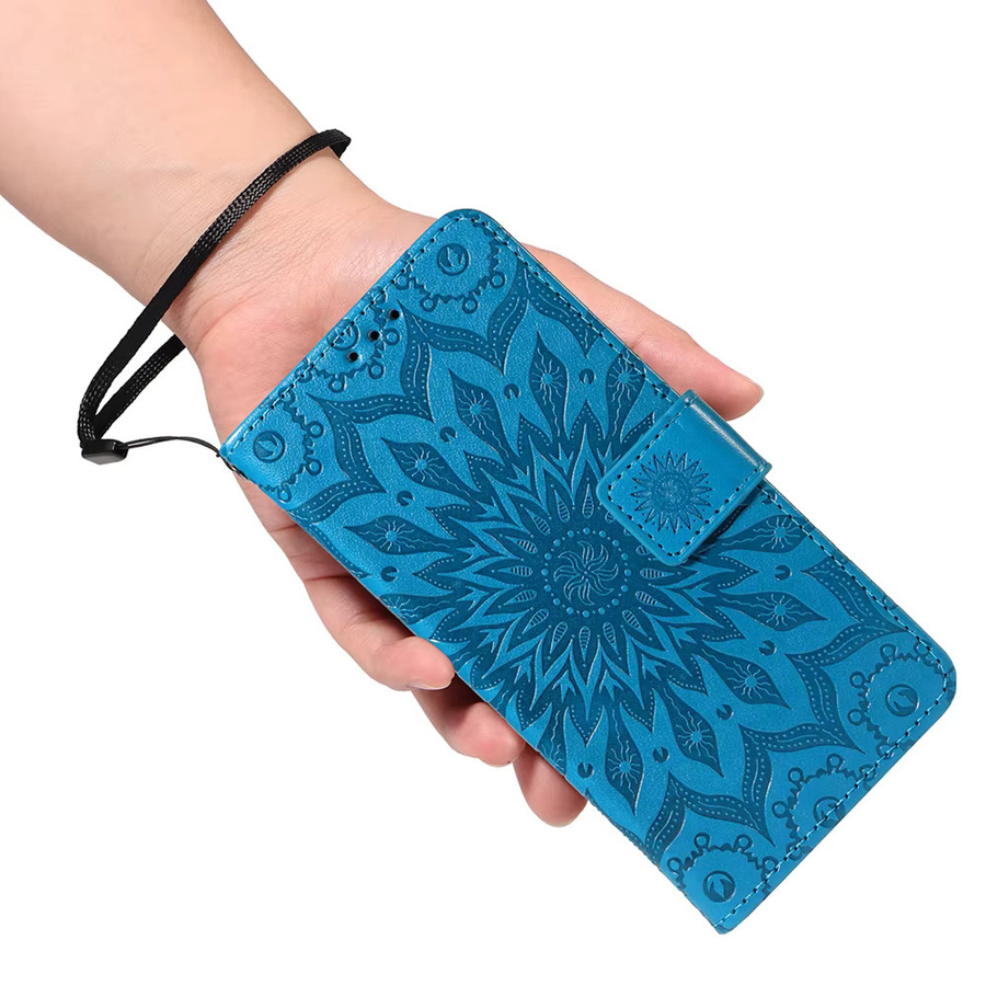 Sonnenblumen Leder-Wallet Schutzhülle für Motorola Moto Edge Serie in Blau mit Magnetverschluss und Kartenfächern - Bild 2