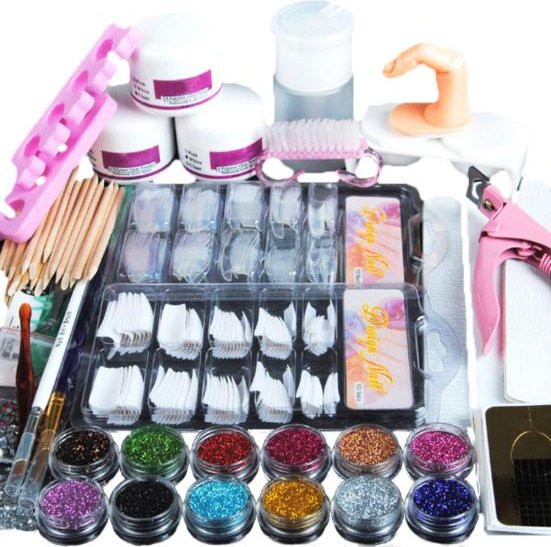 Pro Nail Art Kit Set, Acrylpulver, Glitzer, Strasssteine, Pinselfeile, Maniküre-Werkzeug, gray - Bild 1