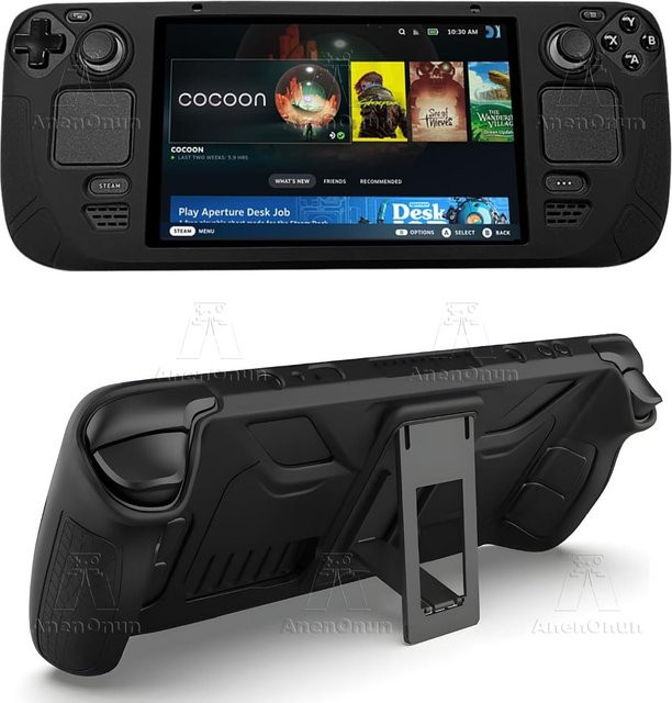 AnenOnun Silikon-Softcover Schutzhülle für Steam Deck und Steam Deck OLED mit klappbarem Ständer, stoßfest und kratzfest, Schwarz - Bild 1