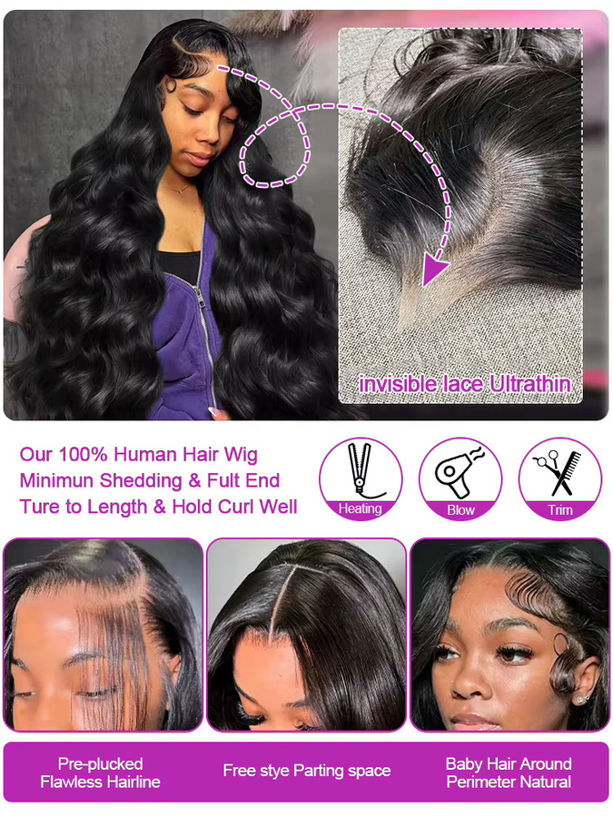 HJ WEAVE BEAUTY Lace Frontal Body Wave Perücke, 30-40 Zoll, 250% Dichte, Brasilianisches Echthaar, Damen - Bild 4